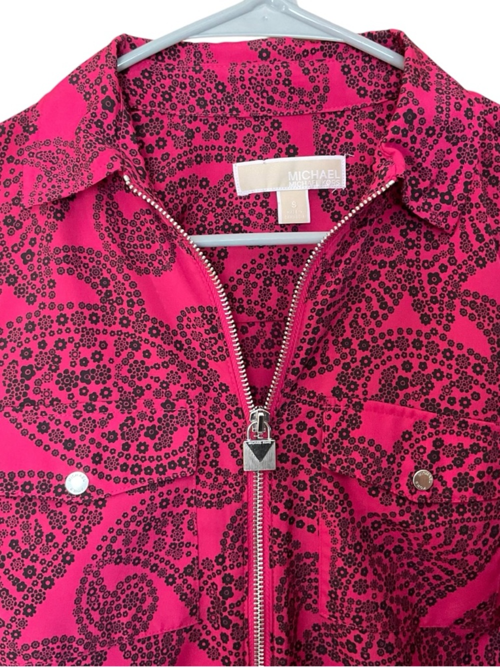 Michael Kors Pink Paisley Zip Front Blouse Top Button Pocket Lightweight S - Picture 3 of 9